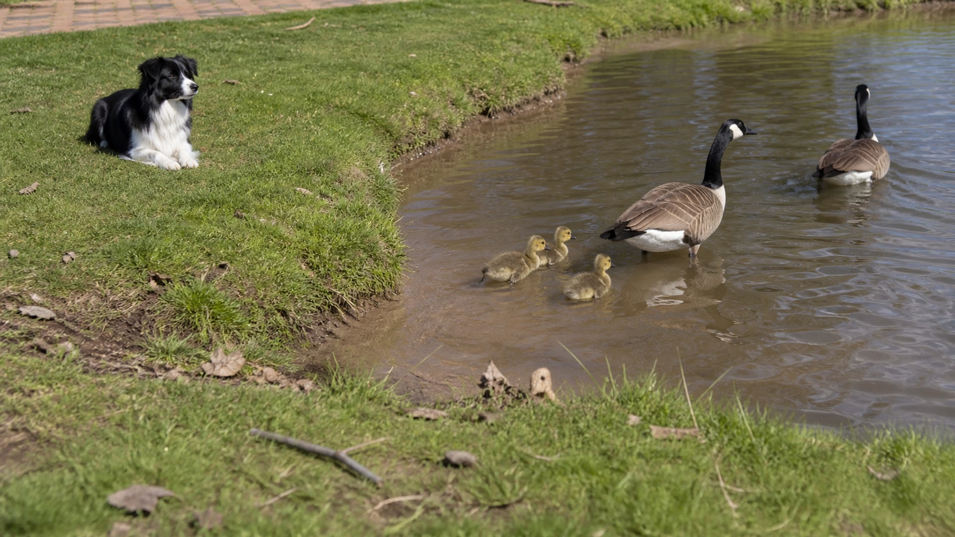 A planted buffer strip along a pond shoreline separating open water from mown lawn
